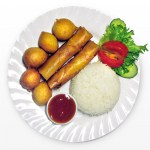 Chicken balls and spring rolls with rice.